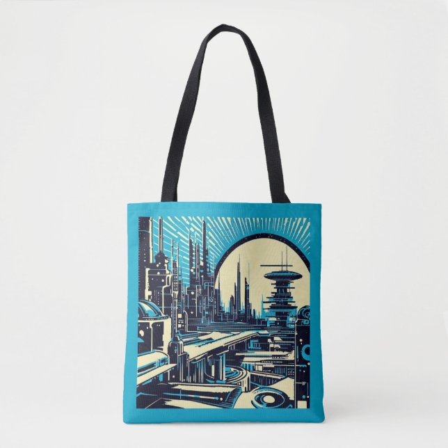 SF Futuristiska City Woodcut 3 Tygkasse (Framsida)