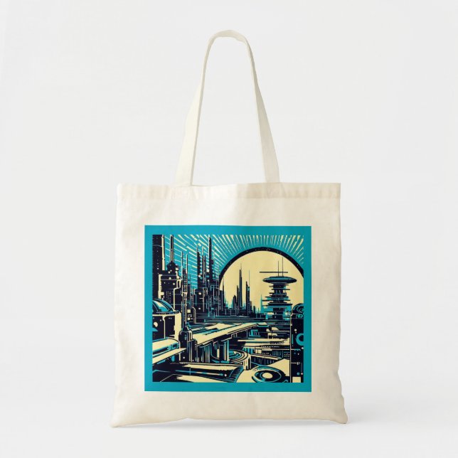 SF Futuristiska City Woodcut 3 Tygkasse (Framsidan)