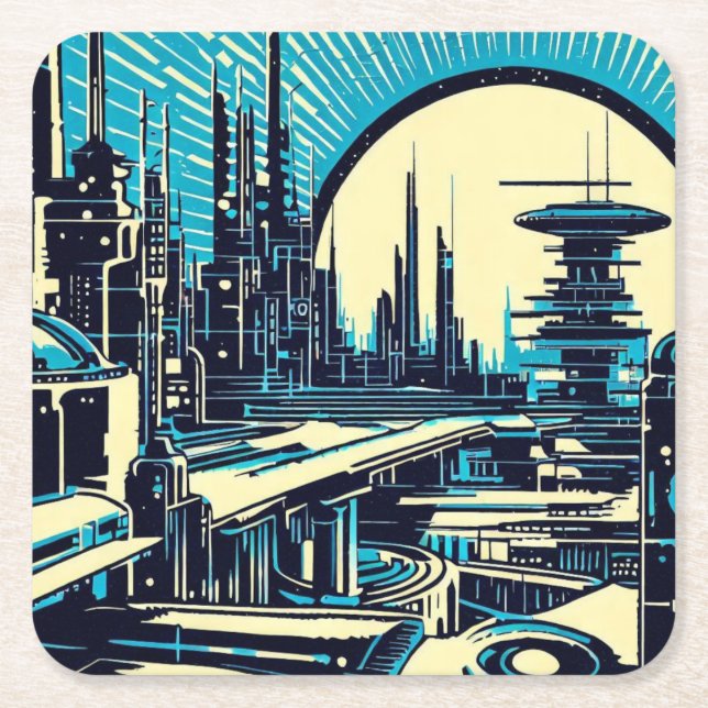 SF Futuristiska City Woodcut 3 Underlägg Papper Kvadrat (Framsidan)
