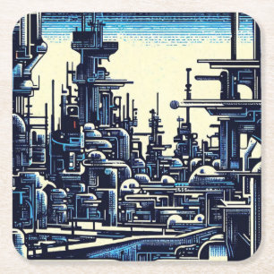 SF Futuristiska City Woodcut 4 Underlägg Papper Kvadrat