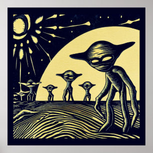 SF - Utomjordingar på ett Strange Planet Woodcut 2 Poster