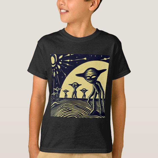 SF - Utomjordingar på ett Strange Planet Woodcut 2 T Shirt (Framsida)
