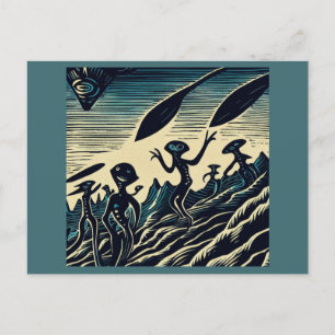 SF - Utomjordingar på ett Strange Planet Woodcut 3 Vykort