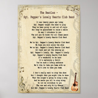 Sgt Pepper's Lonely Hearts Klubb Band Sång Lyric Poster