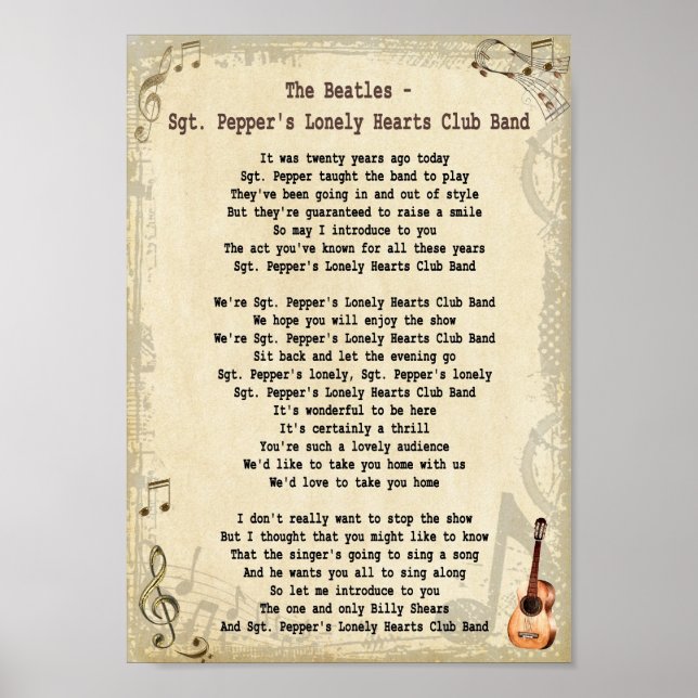 Sgt Pepper's Lonely Hearts Klubb Band Sång Lyric Poster (Framsidan)
