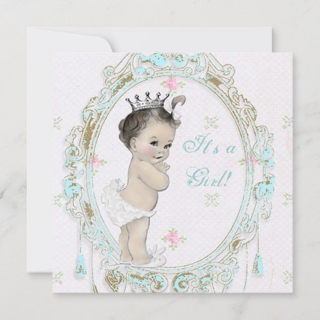 Shab Chic Tealblå Prinsessa Bebis Shower Inbjudningar (Framsida)