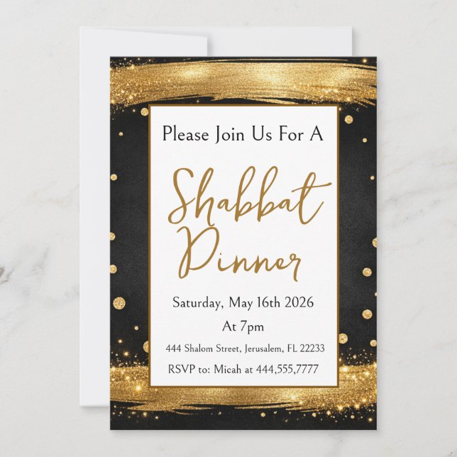 Shabbat Middag Svart Guld Lyx Modern Inbjudningar (Framsida)