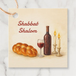 Shabbat Shalom Akvarell Challah, Vin & Ljusstakar Gåvor Etiketter