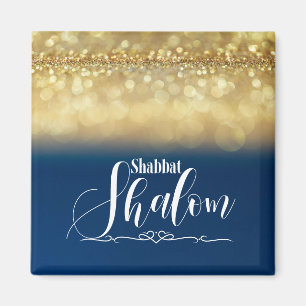 Shabbat Shalom Blå Guld Glitter Gnistrande Glam Ly Magnet