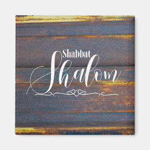 Shabbat Shalom Blå Guld Trä Väderbiten Trä Magnet