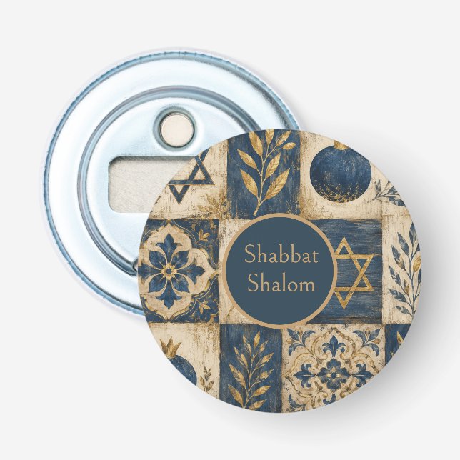 Shabbat Shalom Cirkulär knappplåster, Blå Guld  Flasköppnare (Framsidan)
