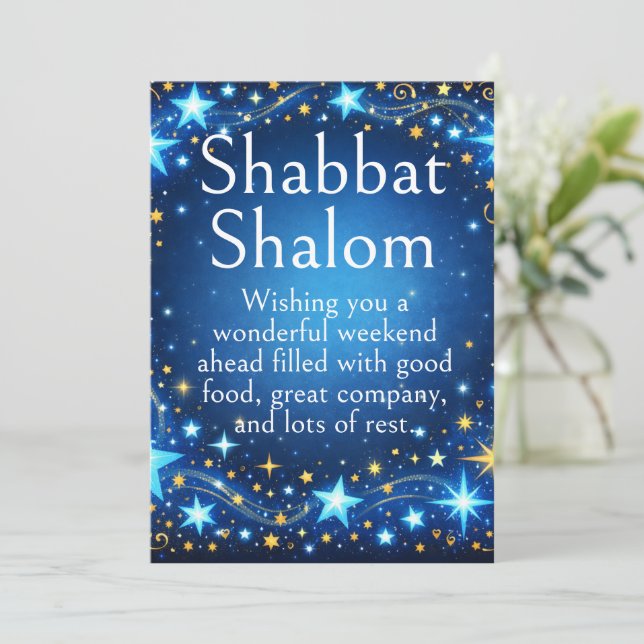 Shabbat Shalom, Gnistrande Stjärnor, Blå Guld Önsk Kort (Stående Fram)