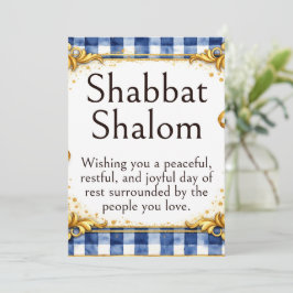 Shabbat Shalom-hälsning, Gingham Blå Vit Guld Kort