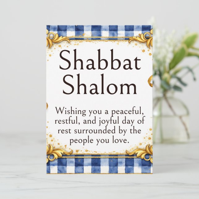 Shabbat Shalom-hälsning, Gingham Blå Vit Guld Kort (Stående Fram)