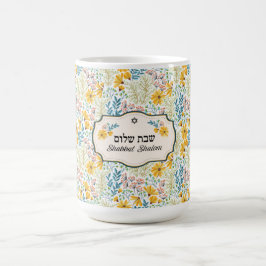 Shabbat Shalom Hebrew och Engelska Vår blommor Kaffemugg