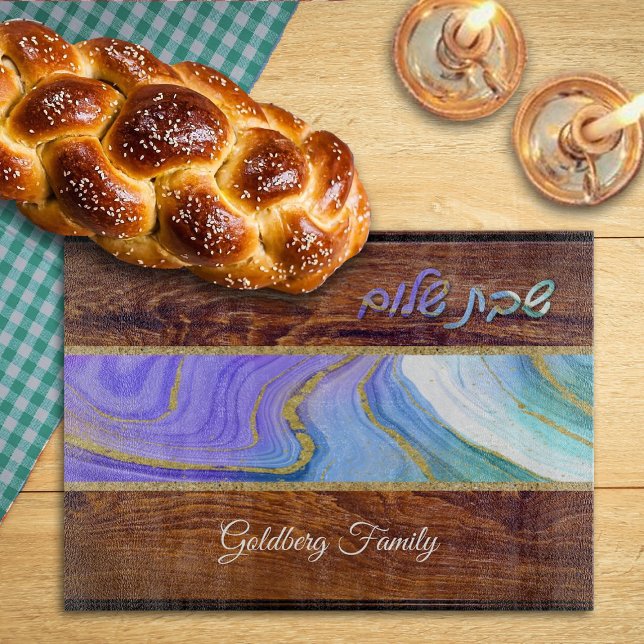 Shabbat Shalom Lila Teal Marble on Wood Effect (Skapare uppladdad)