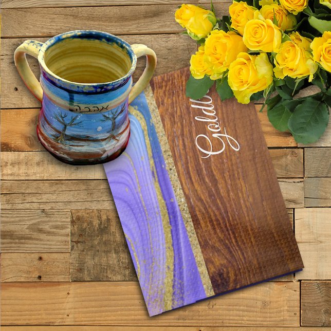 Shabbat Shalom Lila Teal Marble on Wood Effect Kökshandduk (Skapare uppladdad)