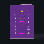 Shabbat Shalom Menorah-hälsningskort Kort<br><div class="desc">Denna mycket färgstarka menorah och roligt är tända och sjungor ut lycklig-budskapet. Insida-kort med datumområde gränsas och samordnas för ditt skrivnöje. Shabbat Shalom! ~ karyn</div>