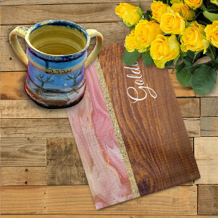 Shabbat Shalom Red Marble on Wood Effect Kökshandduk