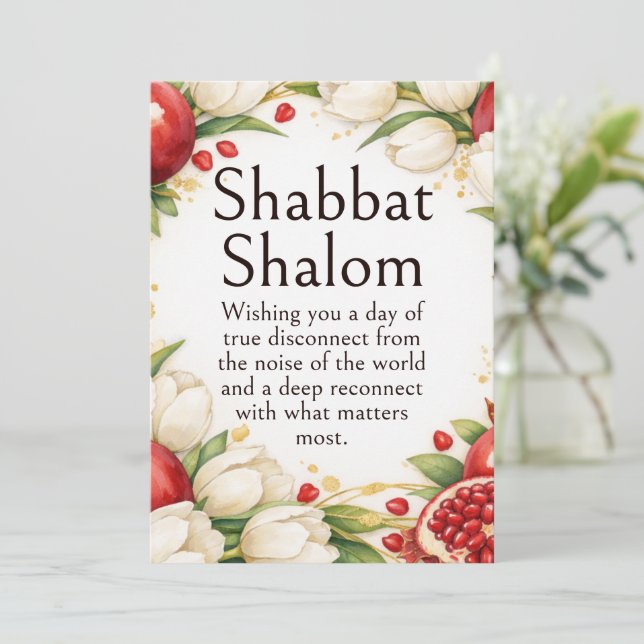 Shabbat Shalom, Röda Granatäpplen, Gula Tulpaner  Kort (Stående Fram)