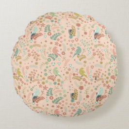 Shabby Birds & Grenar Pastel Salmon Rund Kudde