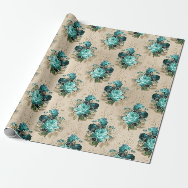 Shabby Blommigt Aqua Series Design 3 Presentpapper (Utrullad)