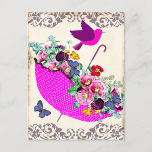 Shabby Blommigt Umbrella Postcard Vykort