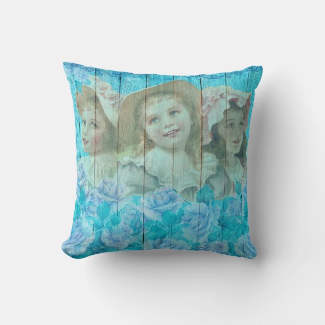 Shabby chic 3 Little Victorian Girls Blommigt Kudde (Framsida)