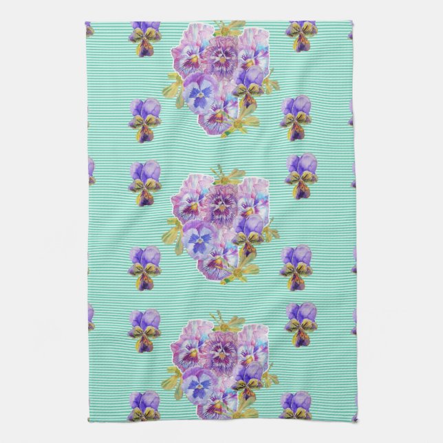 Shabby chic Aqua Pansy Blommigt Kitchen Tea Towel Kökshandduk (Vertikal)