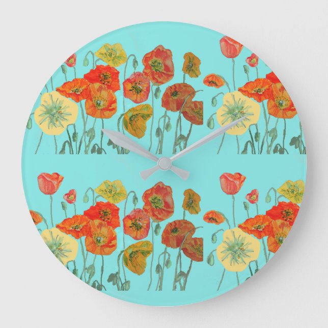 Shabby chic Aqua Poppy Flowers Art Wall Clock Stor Klocka (Framsida)