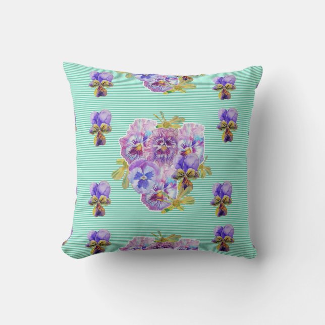 Shabby chic Aqua Rand Blommigt blommor Cushion Kudde (Framsida)