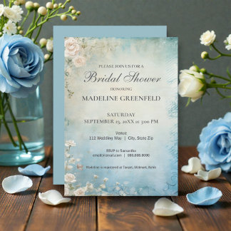 Shabby Chic Baby Blue Blommig Bröllopsdusch Inbjudningar