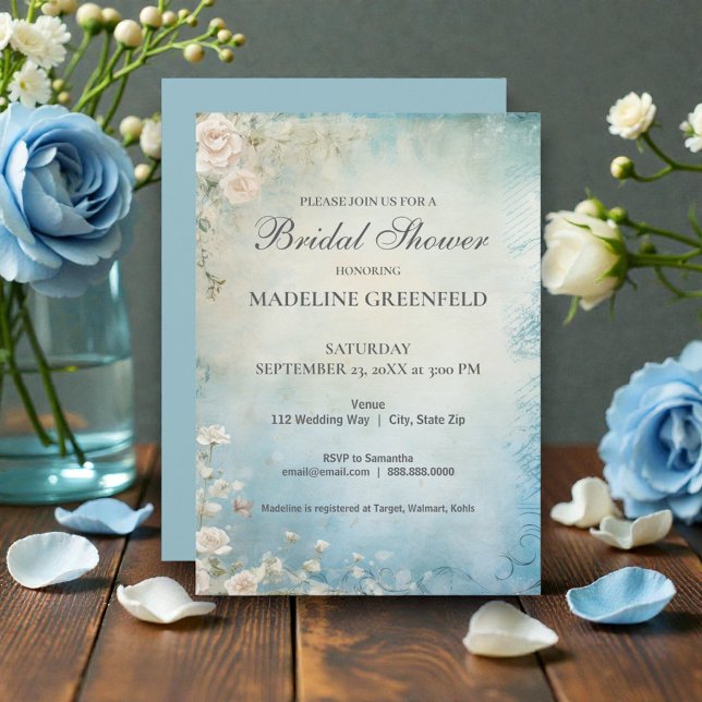 Shabby Chic Baby Blue Blommig Bröllopsdusch Inbjudningar (Skapare uppladdad)