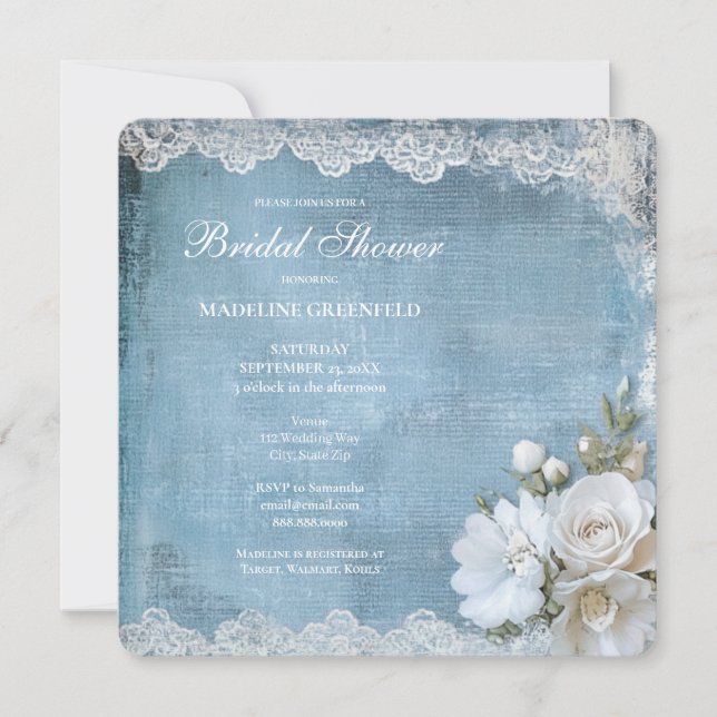 Shabby Chic Blå Blommig Bröllopsdusch Inbjudningar (Framsida)