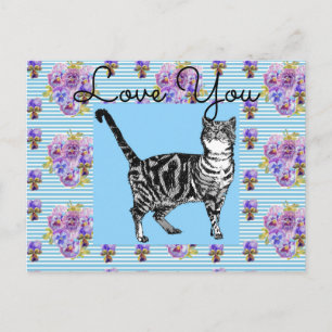 Shabby Chic Blå Randig Tabby Katt Kärlek Hjärtat Vykort