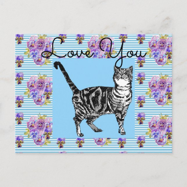 Shabby Chic Blå Randig Tabby Katt Kärlek Hjärtat Vykort (Framsida)