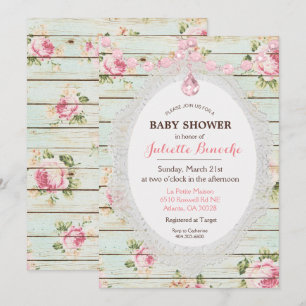 Shabby Chic Blommig Trä Bebis Kalas Inbjudan