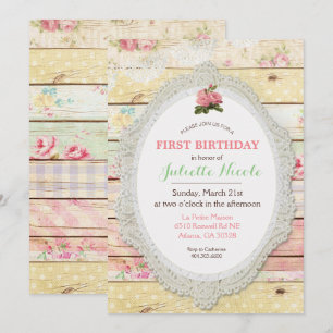Shabby Chic Blommig Trä Första Födelsedagsinbjudan Inbjudningar