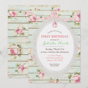 Shabby Chic Blommig Trä Första Födelsedagsinbjudan Inbjudningar