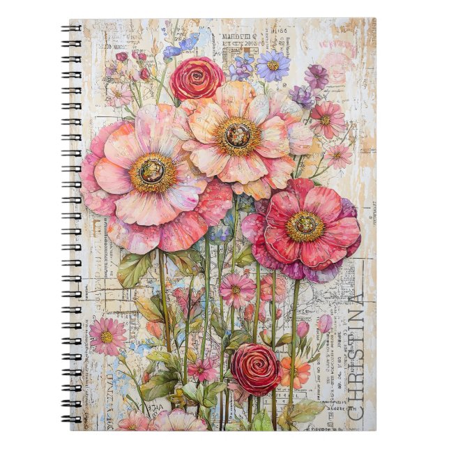 Shabby chic Blommigt Ephemera Rosa Red Flowers S7L Anteckningsbok (Framsidan)