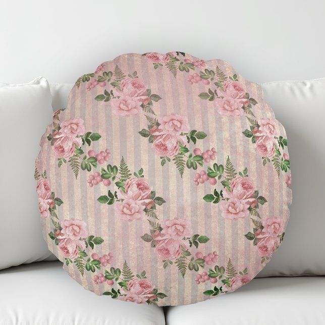Shabby chic Blommigt Grunge Rand Rosa Rund Kudde (Skapare uppladdad)
