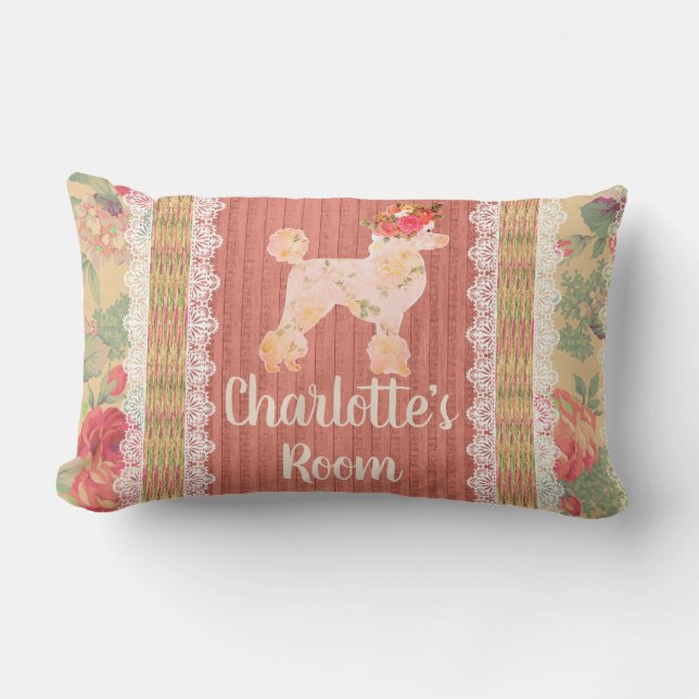 Shabby chic Blommigt Pudel med Ro Lumbarkudde (Framsida)