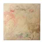 Shabby chic Blommigt Tile Kakelplatta<br><div class="desc">Vintagen botade rullverk på en nödlidande linnbakgrund med ro gräns förskönande.</div>