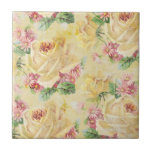 Shabby chic Blommigt Tile Kakelplatta<br><div class="desc">Sunny gul ros och rosa daisy förskönar detta heliga mönster! Mjuka pasteller på lätt nedtryckt linne.</div>