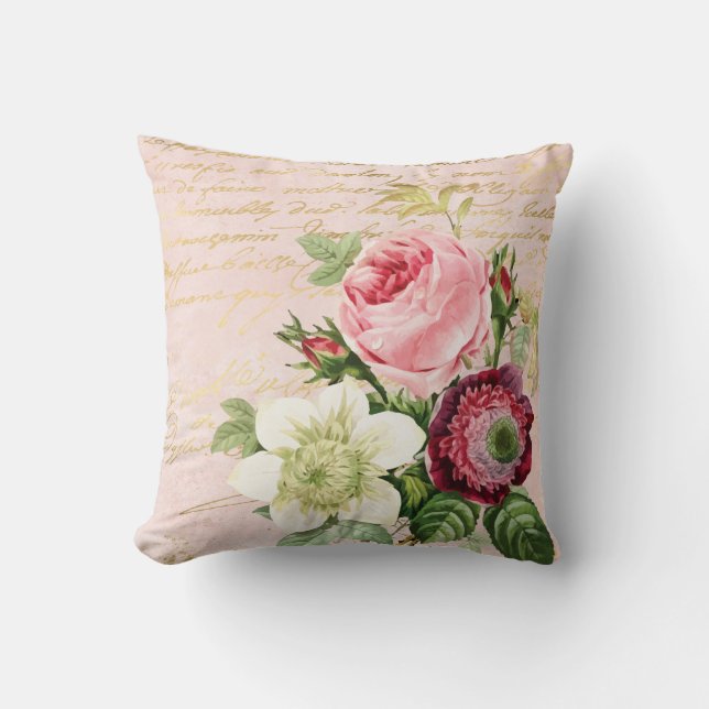 Shabby Chic Blommönster Guldskrift på Rosafärgad Kudde (Framsida)