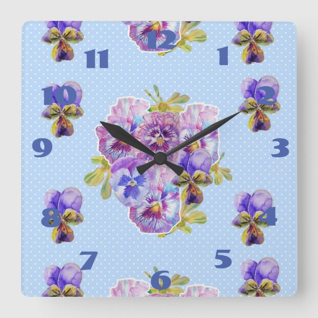 Shabby chic Blue Pansies Pansy Blommigt Dot Clock Fyrkantig Klocka (Framsida)