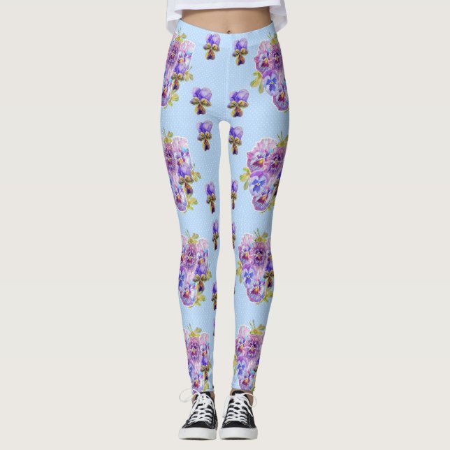 Shabby chic Blue Pansy Blommigt Dot Leggings (Framsida)