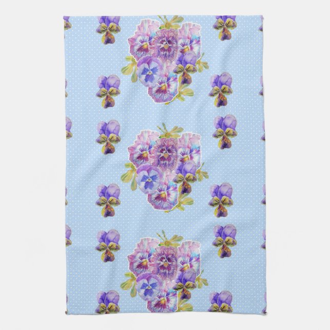 Shabby chic Blue Pansy Blommigt Dot Tea Towel Kökshandduk (Vertikal)