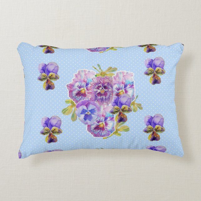 Shabby chic Blue Pansy Blommigt Polka Dot Cushion Prydnadskudde (Framsidan)