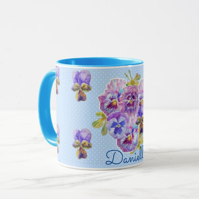 Shabby chic Blue Pansy Blommigt Polka Dot Mugg (Framsida vänster)